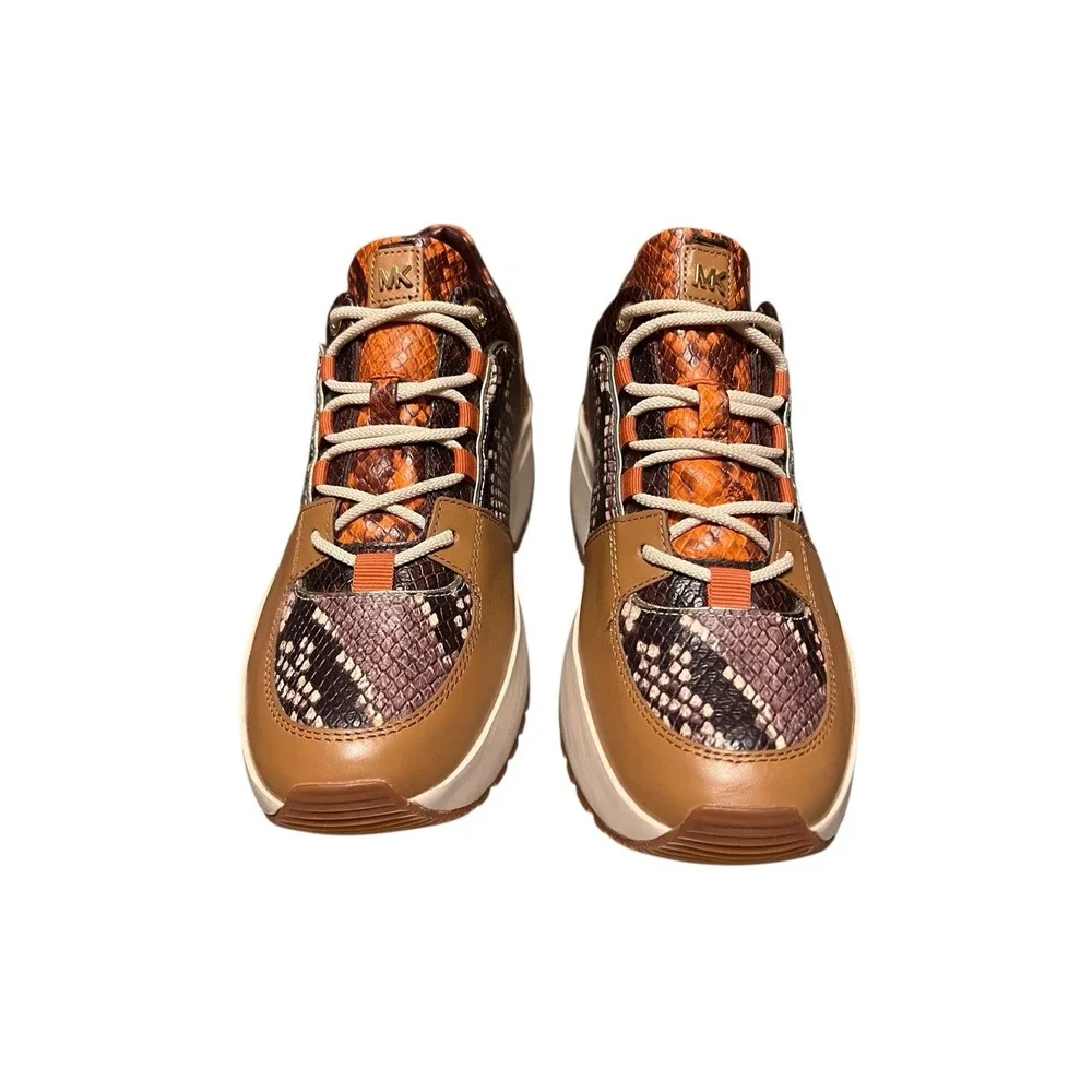 NWB Michael Kors Cosmo Woman's Sneakers Animal Snake Print Brown Gold Tan Sz‎ 9